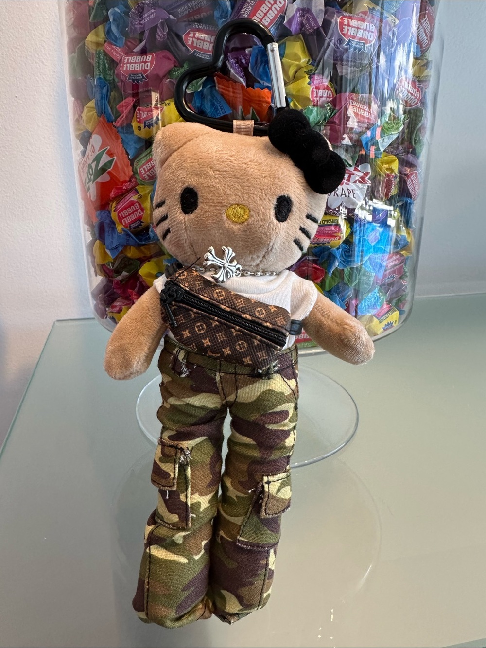 Brand new Hello Kitty Plush Keychain with Camouflage Pants and Crossbody Bag